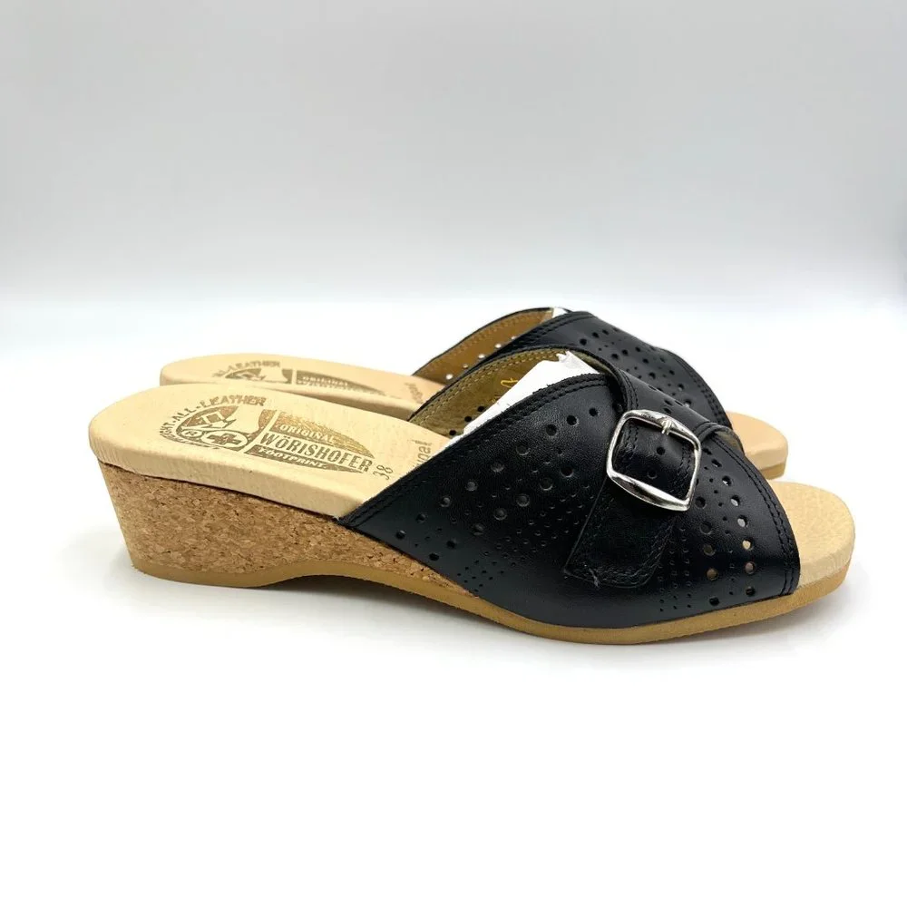 Worishofer Womens 251 Black Leather Slides Wedges Sandals Shoes 38 EU 7.5 - 8 US - Picture 1 of 15